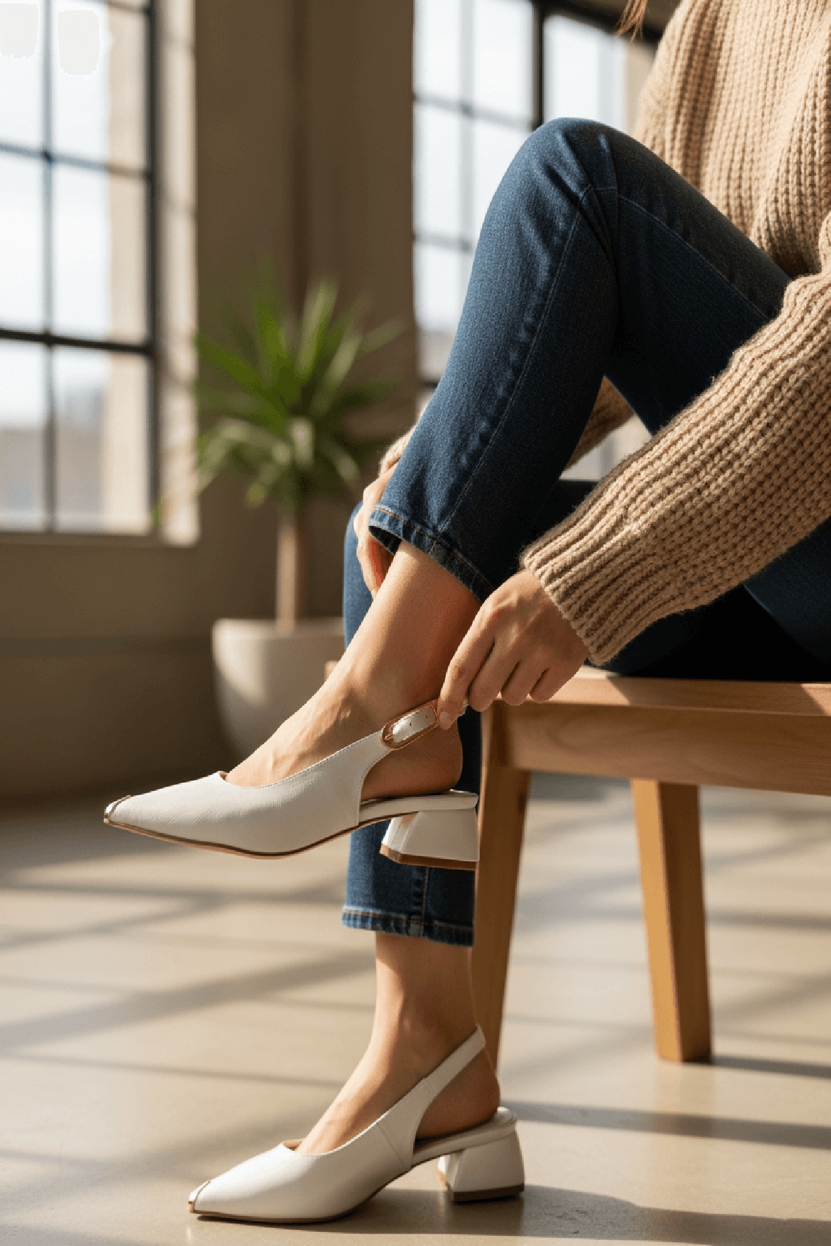 DURUNUN BUTİĞİ  Dundo Beyaz Yanı Tokalı (4 cm Topuk Boyu ) Sivri Burun Topuklu Babet Ayakkabı - Görsel 3