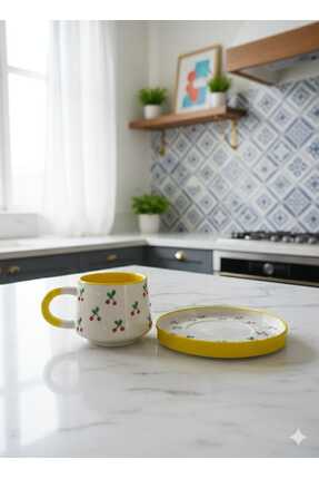 atamergrup Retro Cherry Serisi El Boyaması Seramik Fincan Takımı - Sarı Kenar...