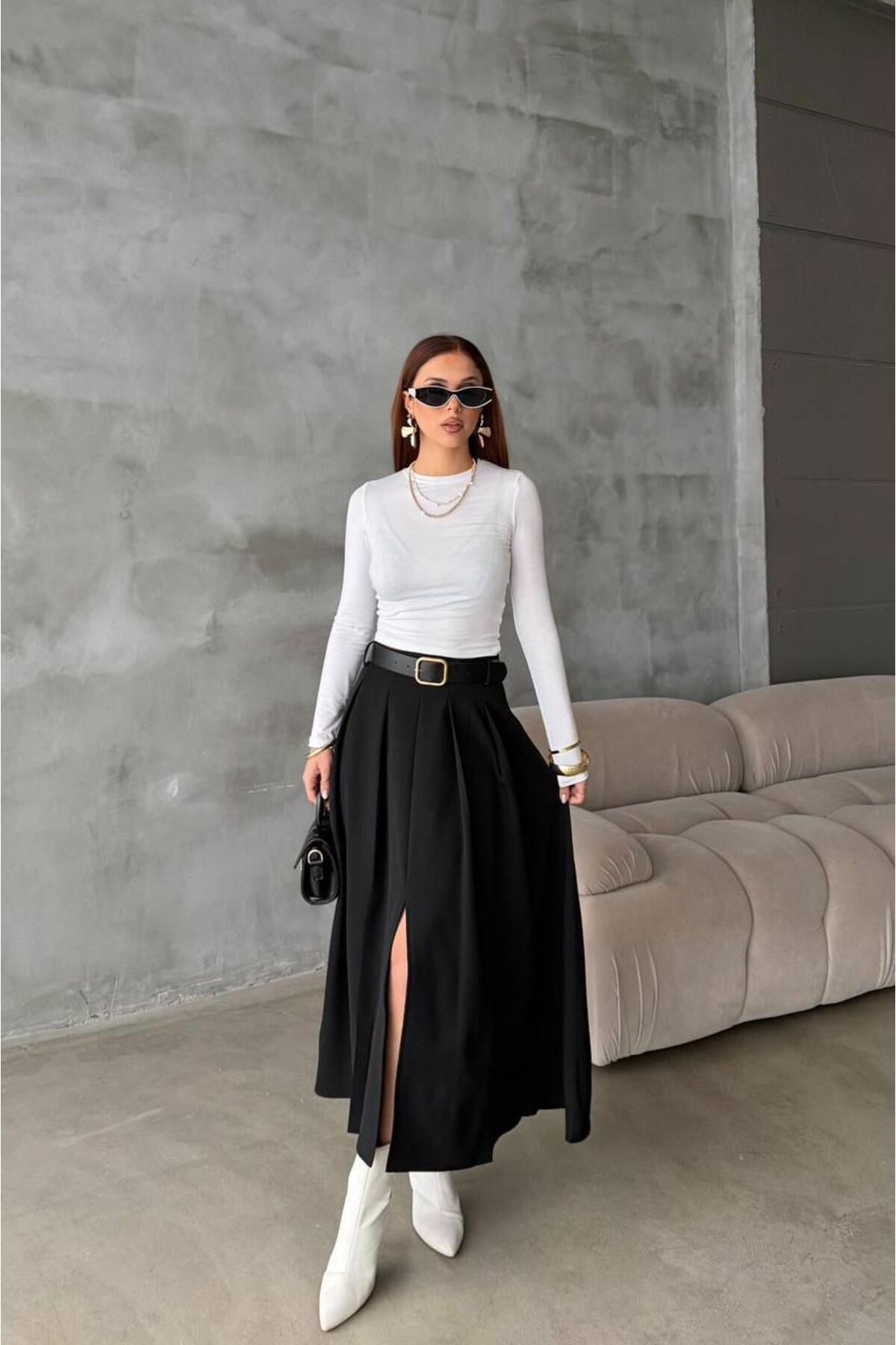 modazoom  Kadın Yırtmaçlı Pileli Kemerli Etek - Görsel 2