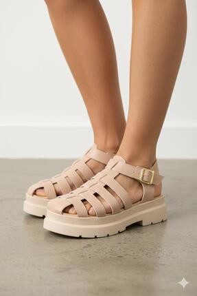 Shoemix Kadın Nut Cilt Kafesli Gladyatör Sandalet Kalın Tırtıklı Taban Tokalı...