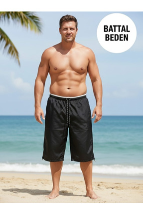 MONJER Erkek Siyah Beli Lastikli Paçası Büzgülü Büyük Beden Kapri Deniz Şortu