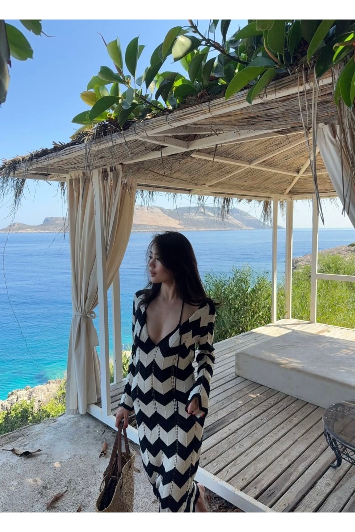 MARLİNG  Zigzag Desenli Uzun Triko Elbise V Yaka Yazlık Plaj Elbisesi Bohem Maxi Elbise - Görsel 3