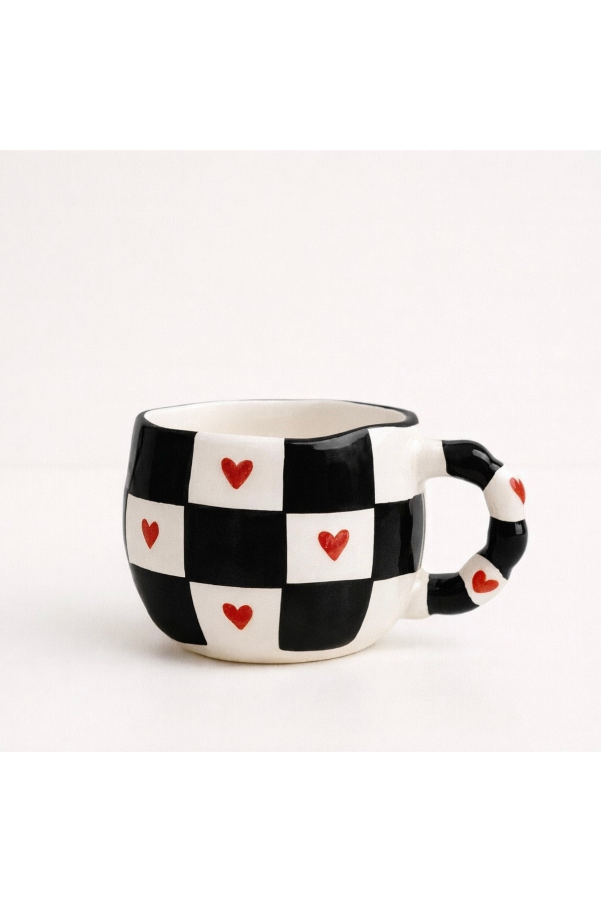 Square Ribbon Heart Patterned Handmade Ceramic Mug – Cream Coffee Mug with Black Handles