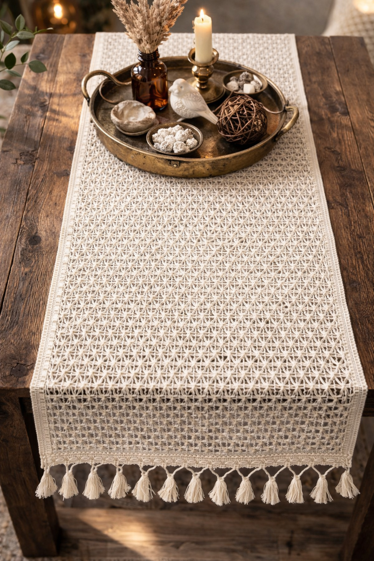 Fringed Lace Runner Tablecloth Cream Boho Modern Stylish Living Room Kitchen Table Decor Cover 37x140