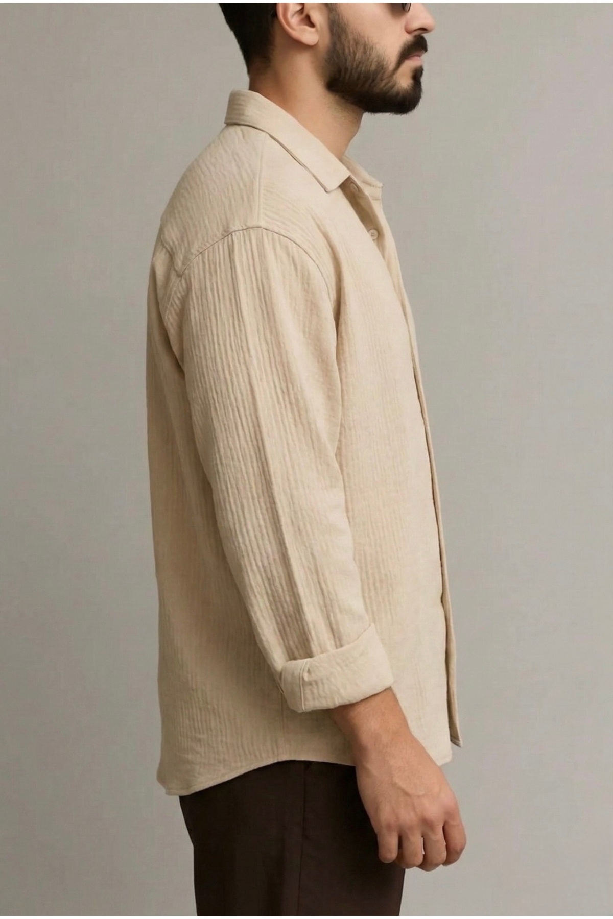 bb butik basic  Ütü gerektirmeyen bürümcük kırınkıl kumaş oversize gömlek BEJ - Görsel 3
