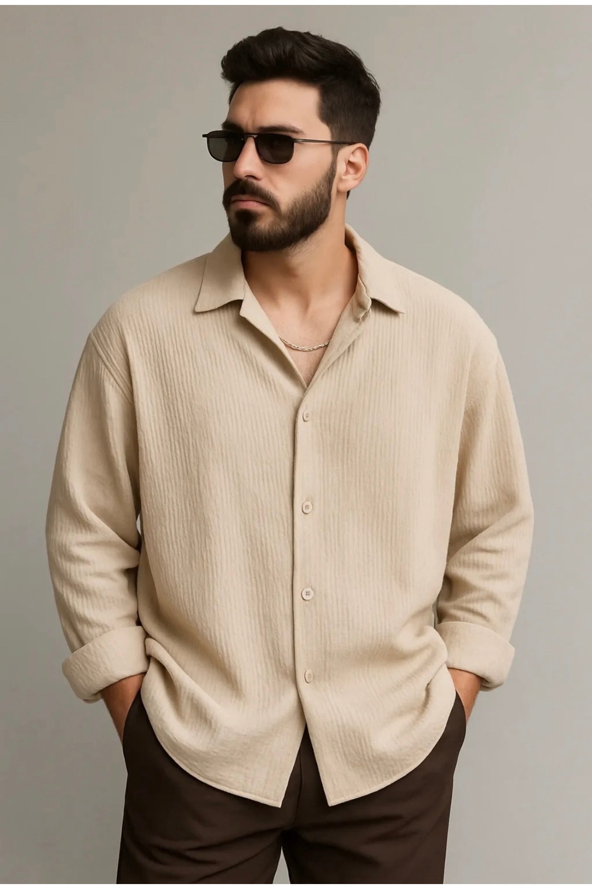 bb butik basic  Ütü gerektirmeyen bürümcük kırınkıl kumaş oversize gömlek BEJ