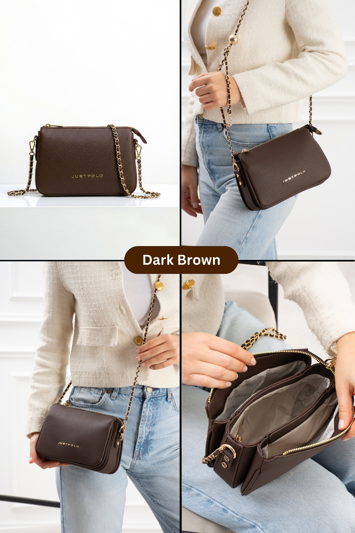 Just Polo  Kadın 3 Bölmeli Zincir Uzun Askılı Yeni Sezon Aksesuarlı El & Omuz Çantası (21x15x8 CM) - Görsel 2