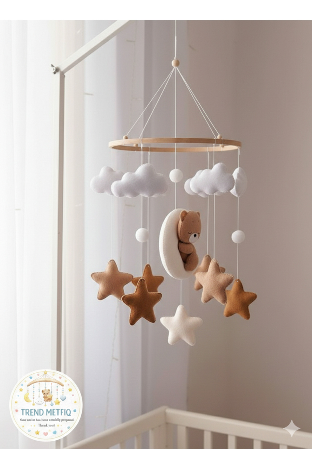 TREND METFİQ DECORATİON MÜZİKSİZ El Yapımı Keçe Bebek Dönencesi - Ahşap Beşik Süsü ve Uyku Arkadaşı DOĞUM HEDİYESİ ANNE YANI fotoğrafı 3 (önizleme)