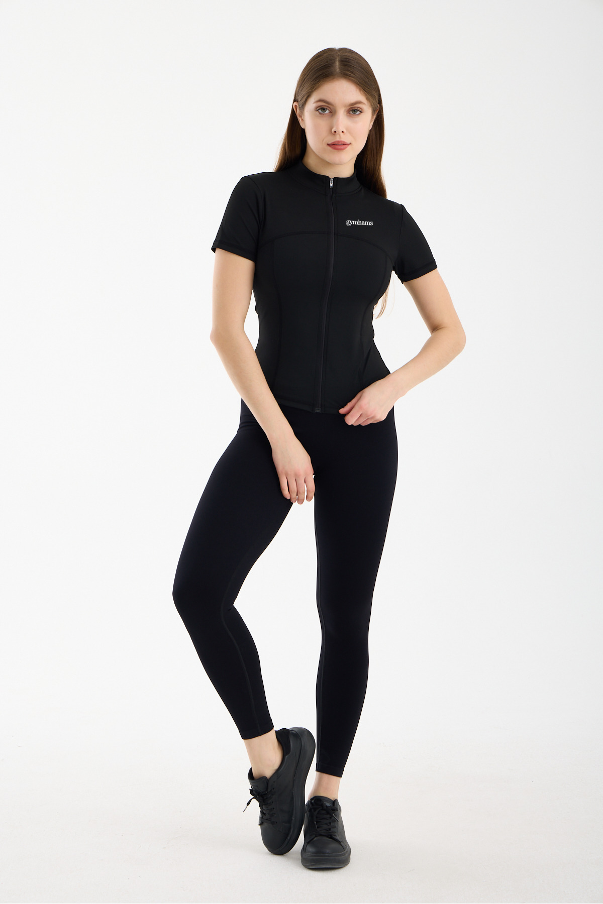 gymhams Siyah Kadın Premium Spor Ceket, Kısa Kollu, Fermuarlı, Yoga Pilates Fitness Koşu Antrenman Üstü görsel 7