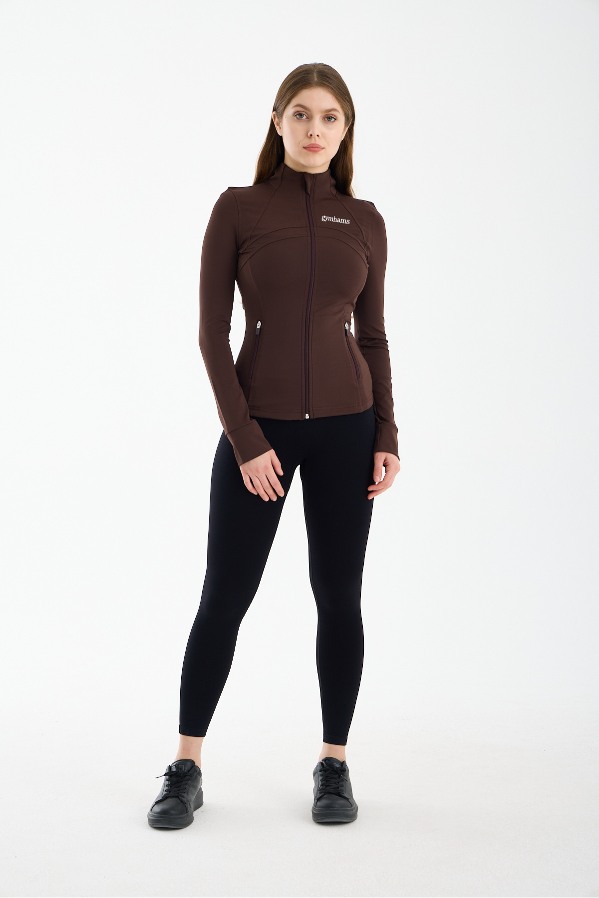 gymhams Kahve Kadın Premium Spor Ceket, Uzun Kollu, Fermuarlı, Yoga Pilates Fitness Koşu Antrenman Üstü görsel 5