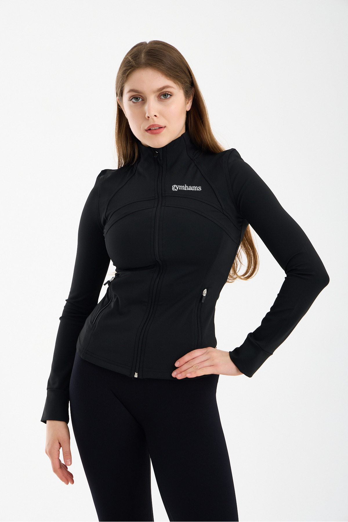 gymhams Siyah Kadın Premium Spor Ceket, Uzun Kollu, Fermuarlı, Yoga Pilates Fitness Koşu Antrenman Üstü görsel 7