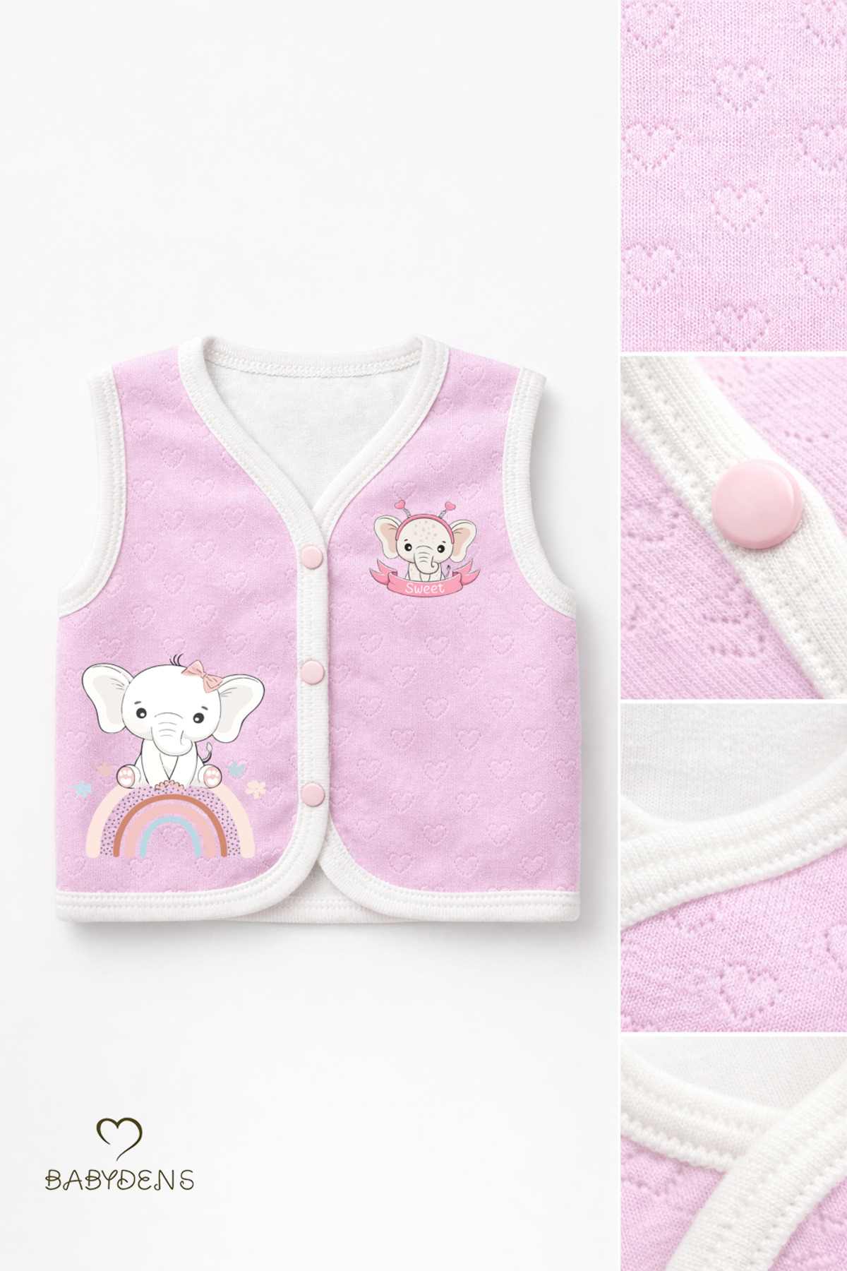 BABYDEN'S Kız Bebek 3’lü Yelek Seti Kalp Jakar Desenli Fil Baskılı Çıtçıtlı Yelek Yenidoğan Mevsimlik Yelek fotoğrafı 5 (önizleme)