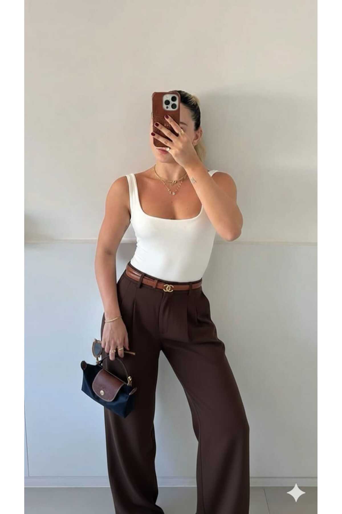 H&A İSTANBUL γυναικείο καφέ ύφασμα ψηλόμεσο Με τσέπες Με πιέτες παντελόνι pal...