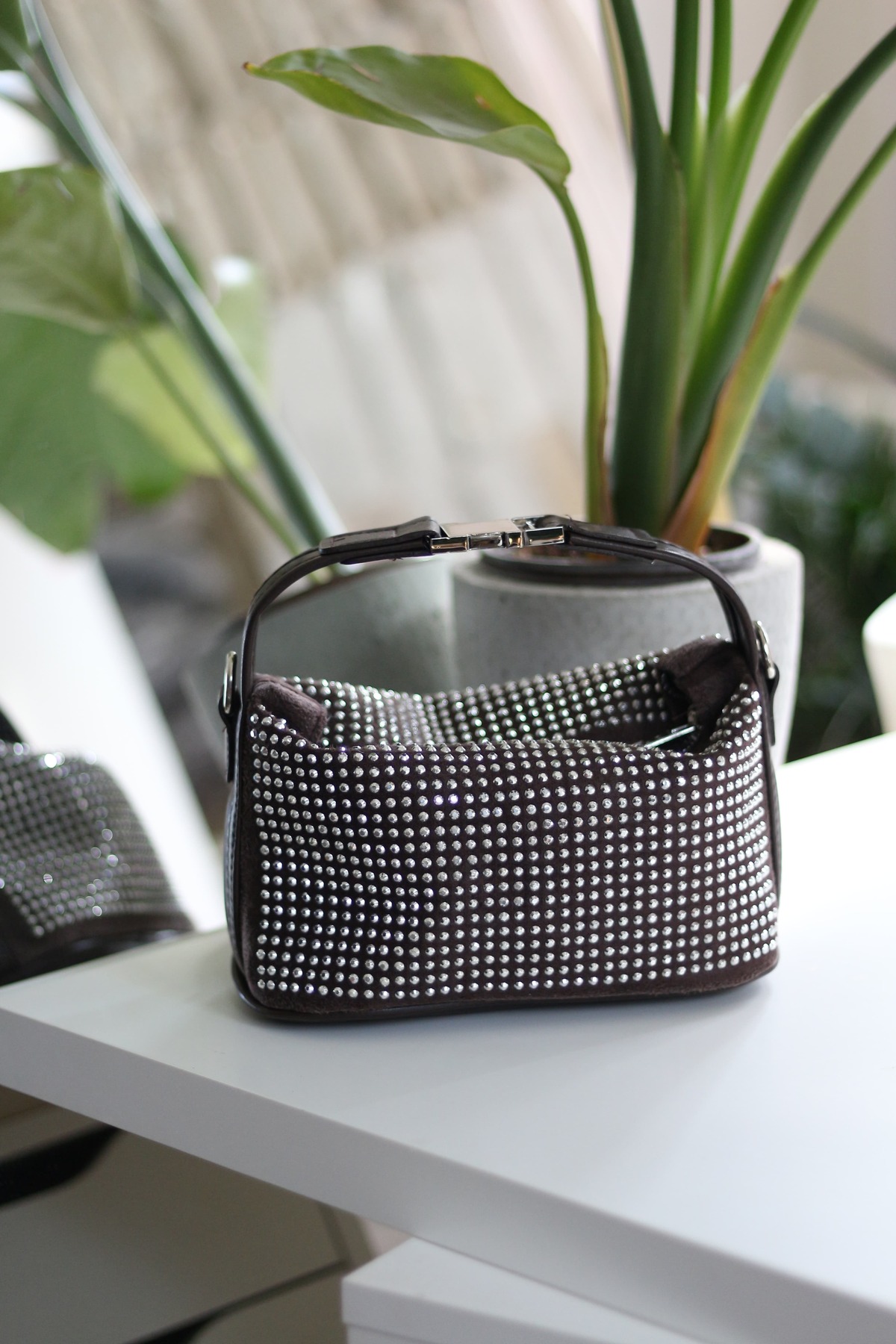 Women's Hot Coffee Gemstone Lock Detailed Strap Handbag Shoulder Bag
