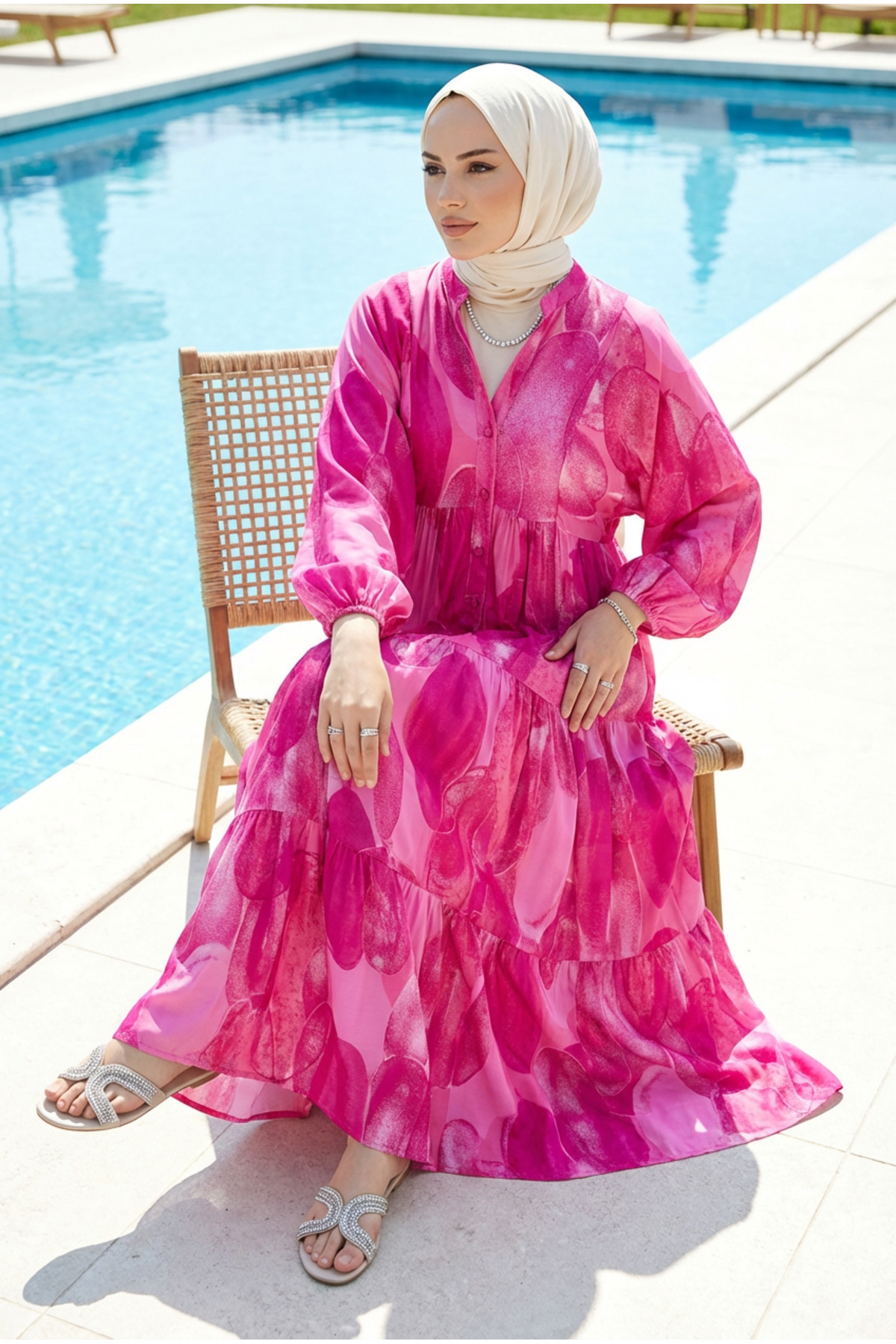 Kirazca Butik  Kadın Renkli Desenli Yazlık Tesettür Uzun Elbise - Görsel 4