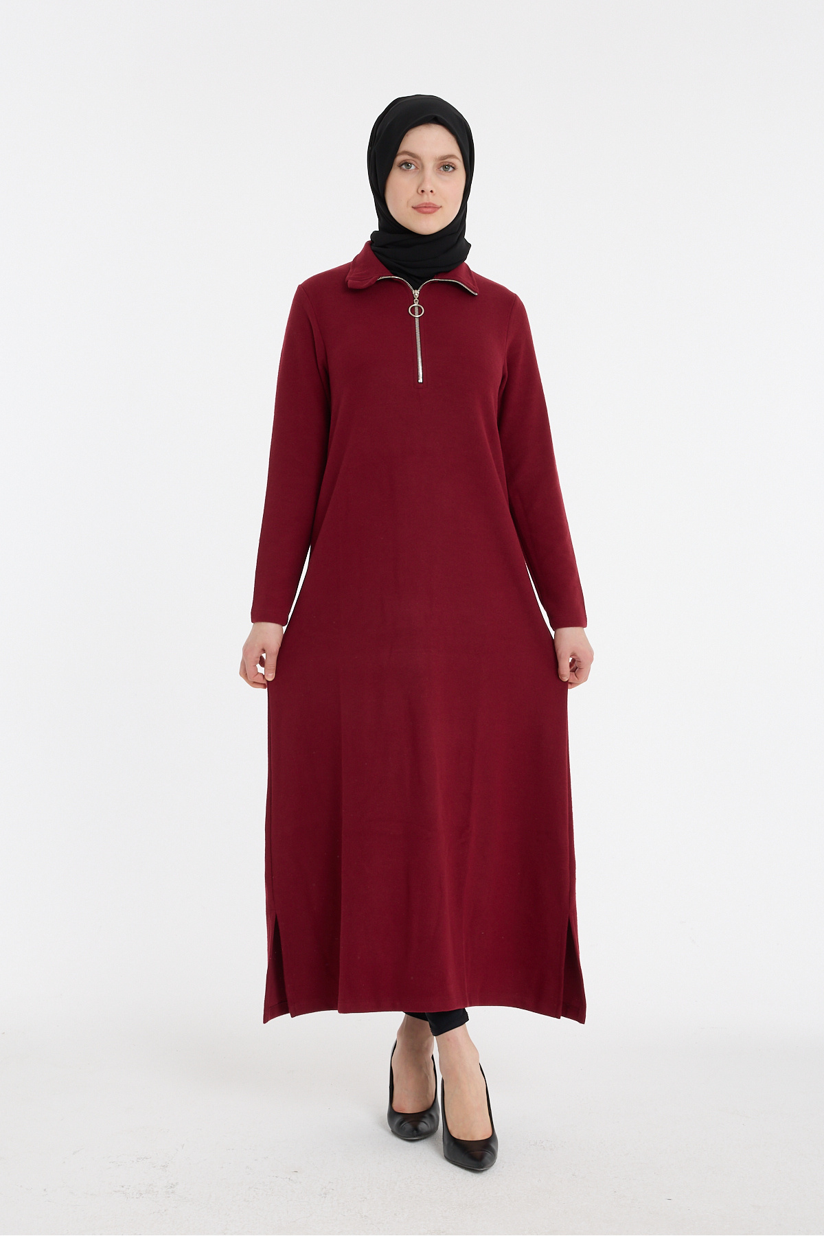 Fermuarlı Yaka Rahat Kesim Bordo Uzun Elbise - Bordo