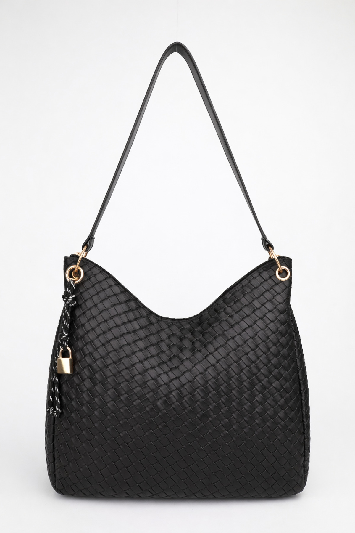 Women's Braided Black Charm Detailed Zipper Closed Hand and Shoulder Bag Toli