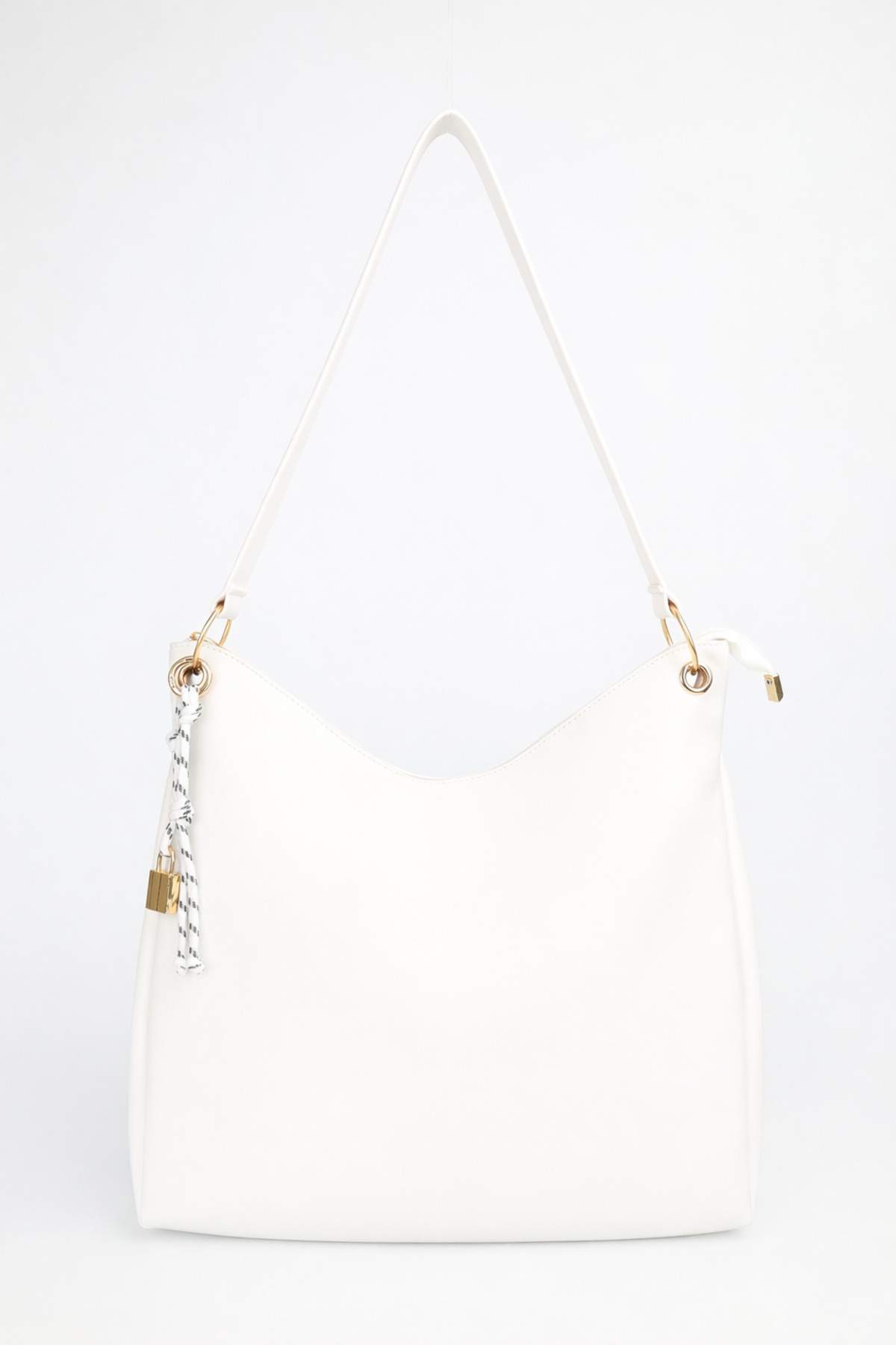 Women's Patternless White Charm Detailed Zipper Closed Hand and Shoulder Bag Toli