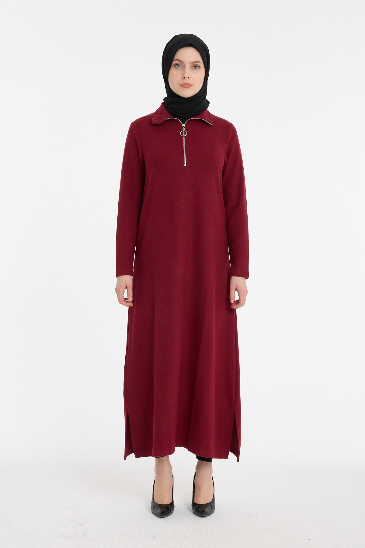 Fermuarlı Yaka Rahat Kesim Bordo Uzun Elbise - Bordo