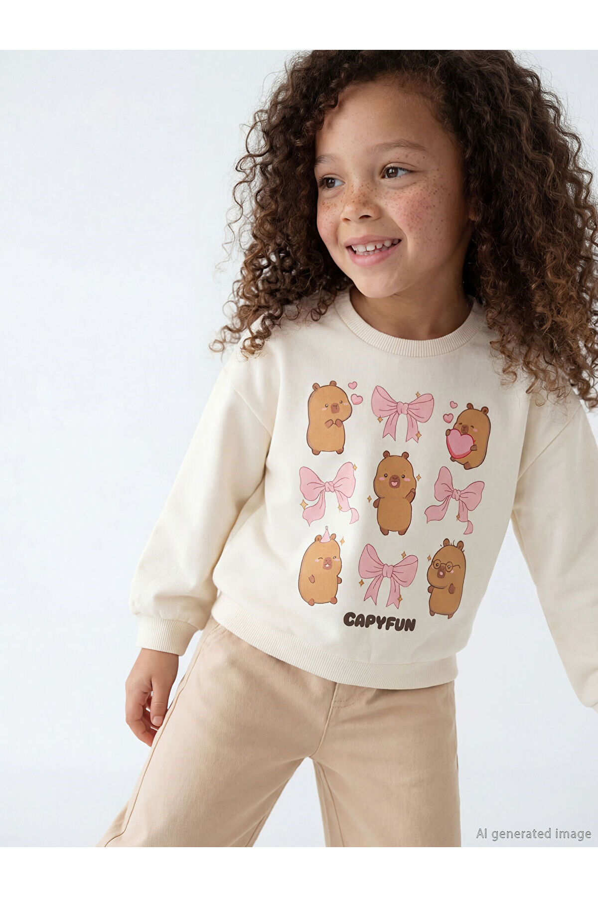 LC Waikiki Nevaa Collection Ekru Bisiklet Yaka Capyfun Baskılı Kız Çocuk Sweatshirt fotoğrafı 2 (önizleme)