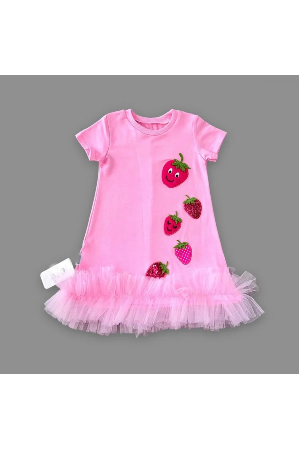 Leylek Baby 1-2-3 Yaş Payetli Çilekler Nakışlı Eteği Fırfırlı Jile Kız Çocuk Elbisesi Pembe fotoğrafı 2 (önizleme)