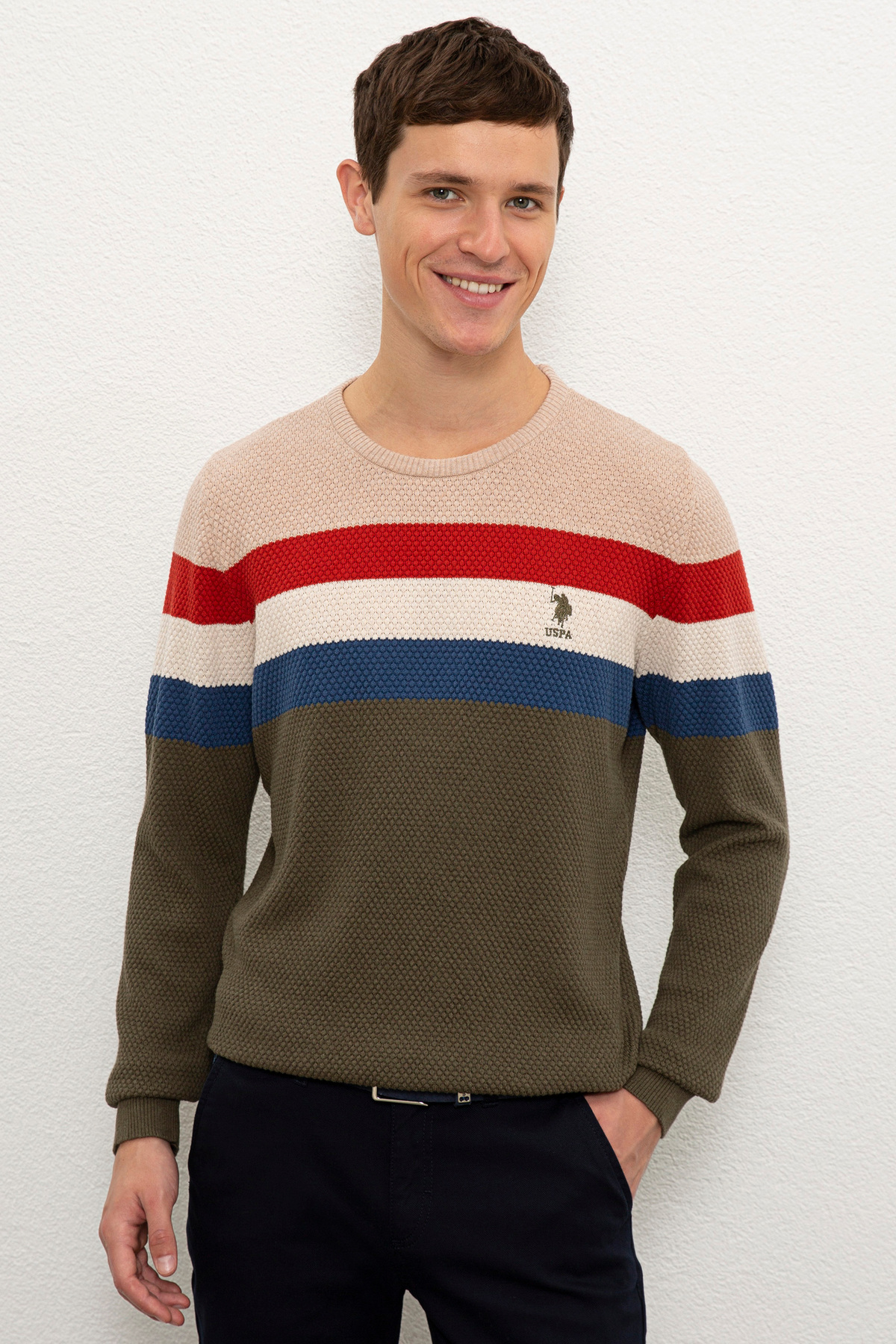 پلیور مردانه سبز خاکی تیره ملانژ U.S. Polo Assn. 50228850-VR126 — 1