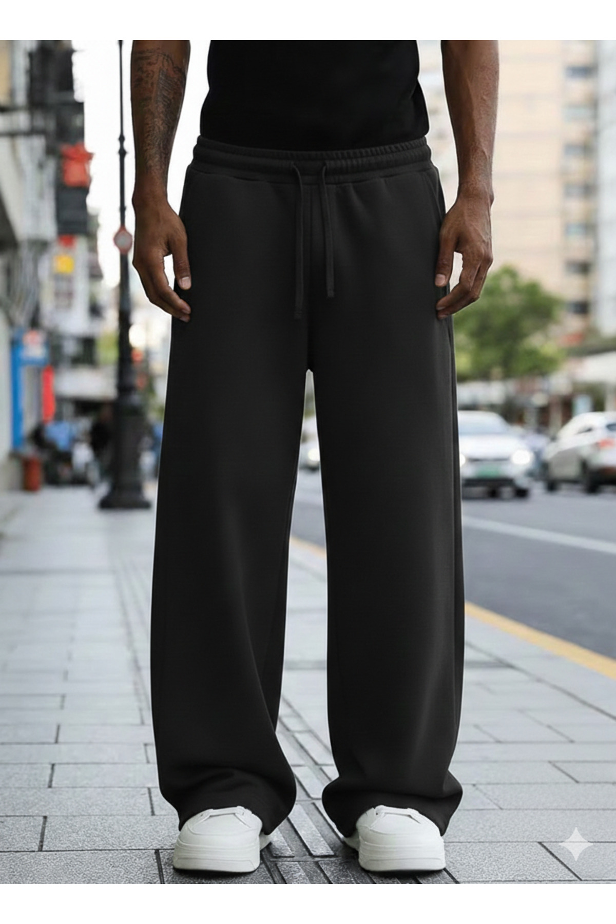 LAUSRA  2'li Eşofman Altı Erkek - Siyah & Gri Yüksek Bel Cepli Rahat Kesim Baggy Eşofman Altı - Görsel 5