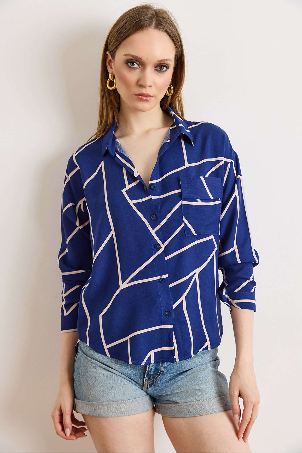Olalook Women's Asymmetrical Cobalt Blue Single Pocket Woven Viscose Shirt Gml-19000890