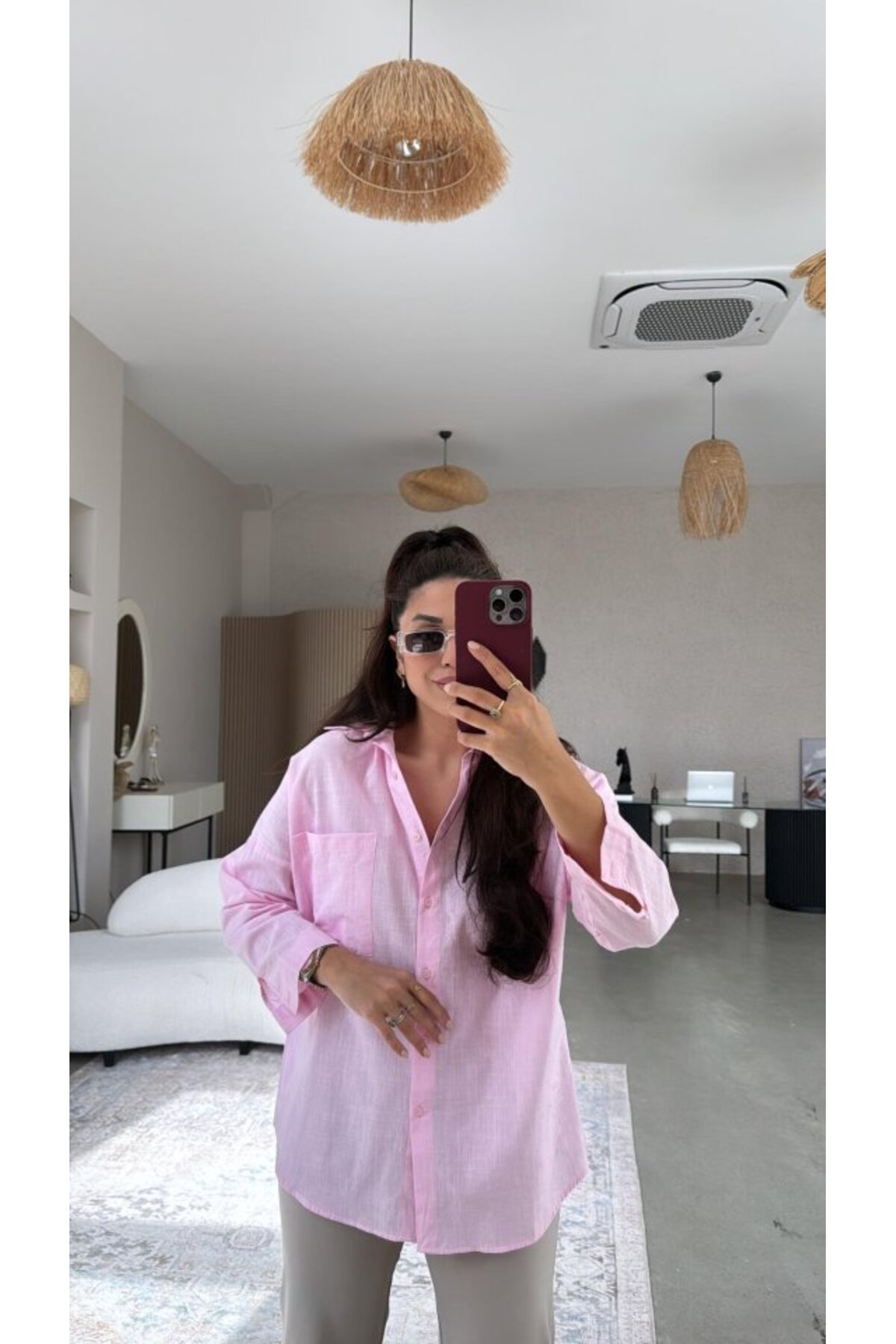 GETFAY Kadın Tek Cepli Over Size Ketem Gömlek-Pembe fotoğrafı 3 (önizleme)