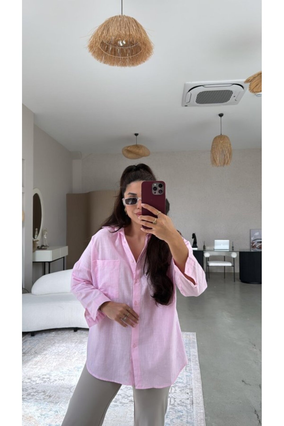 GETFAY Kadın Tek Cepli Over Size Ketem Gömlek-Pembe fotoğrafı 4 (önizleme)