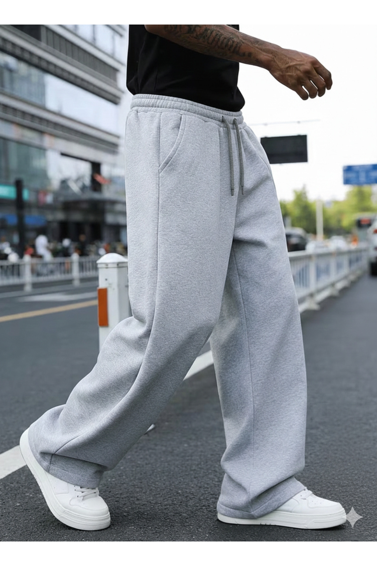 LAUSRA  2'li Eşofman Altı Erkek - Siyah & Gri Yüksek Bel Cepli Rahat Kesim Baggy Eşofman Altı - Görsel 4