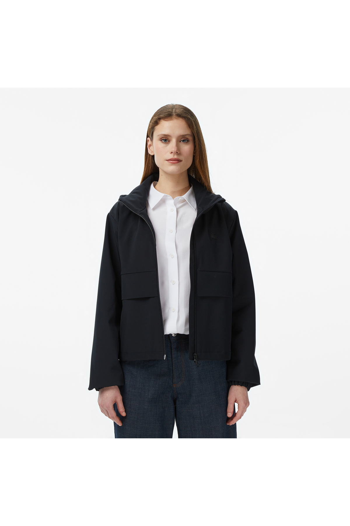 Lacoste Kadın Regular Fit Kapüşonlu Baskılı Siyah Yağmurluk