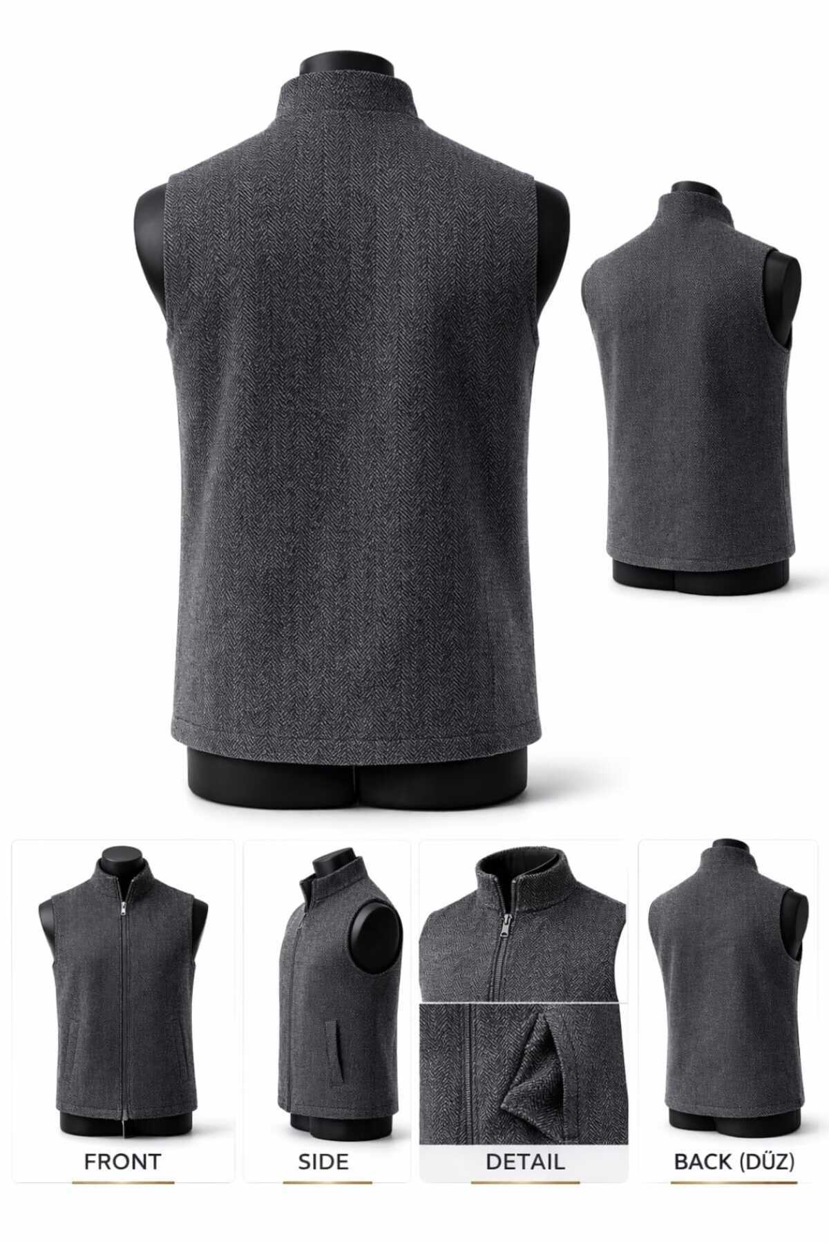 BYBEYEMS GİYİM  BALIKSIRTI FÜME Gri DİK Yaka Erkek Kaşmir - Görsel 4