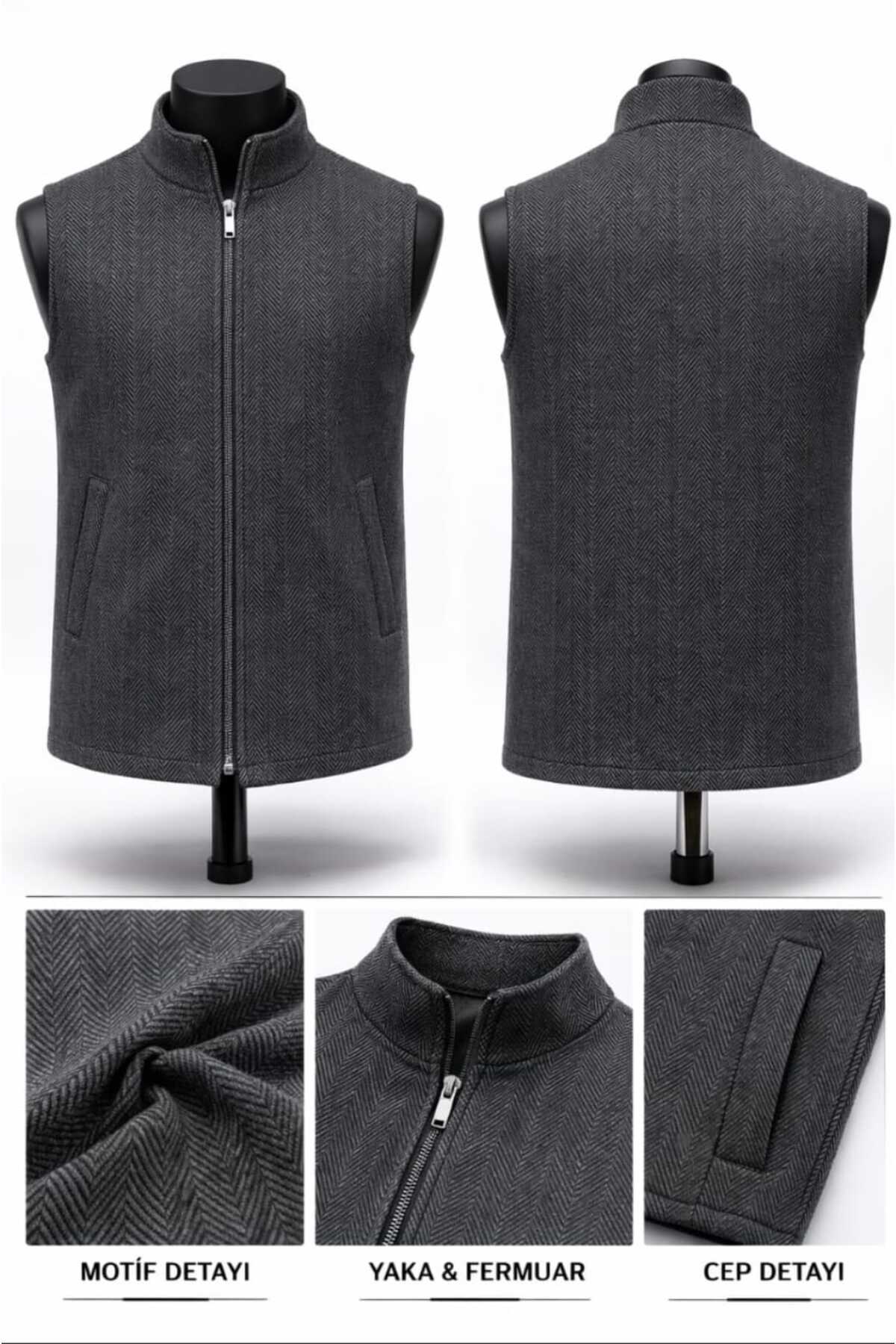 BYBEYEMS GİYİM  BALIKSIRTI FÜME Gri DİK Yaka Erkek Kaşmir - Görsel 5