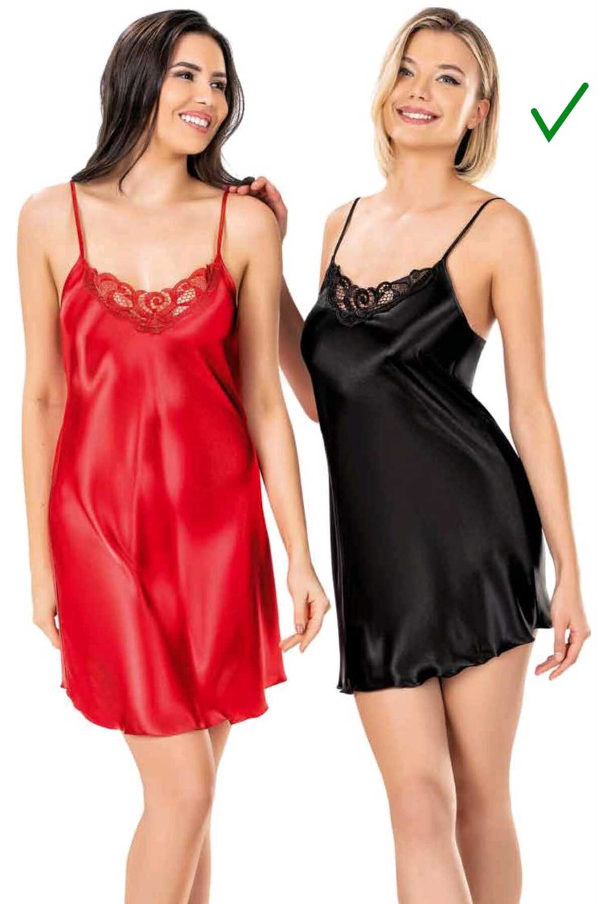 MARİA CALZE Kadın 2'Li Premium Saten Tüllü Gecelik İnce Askılı 2 Renkli siyah-kırmızı