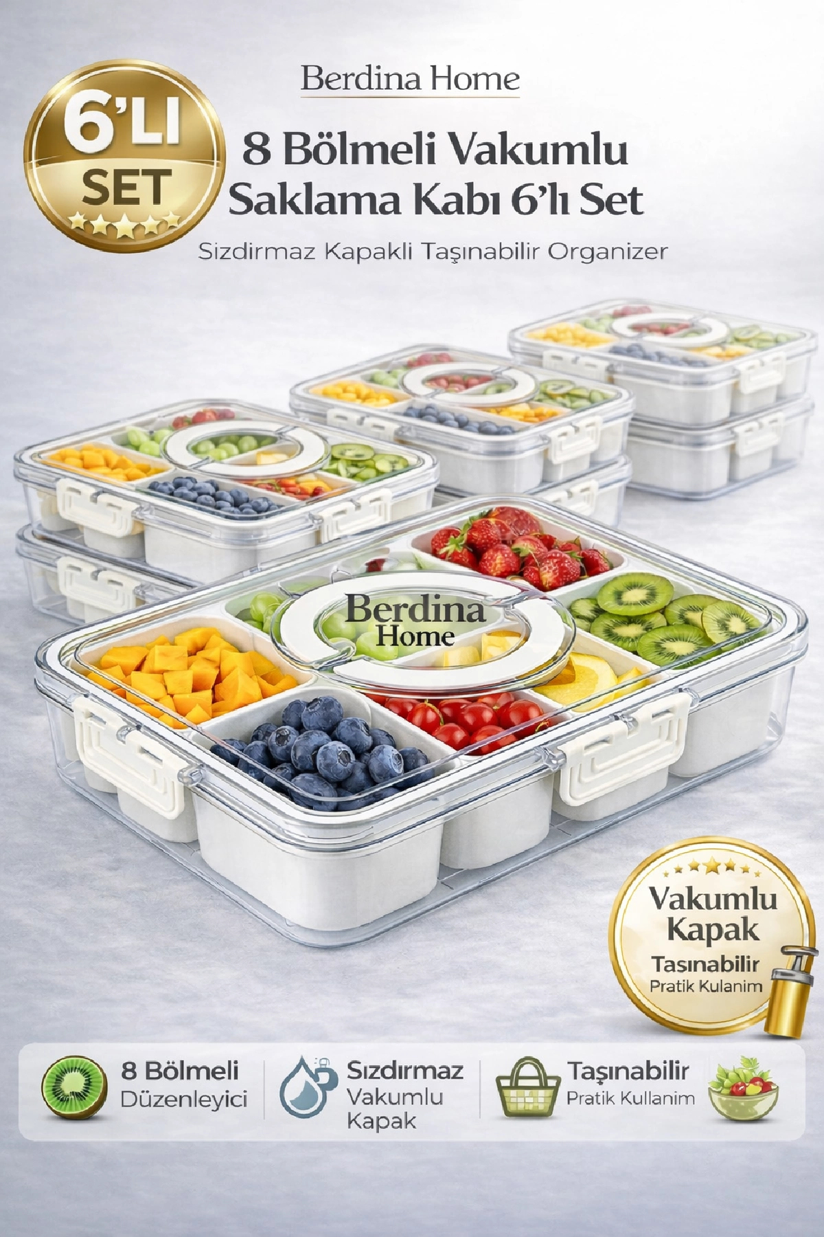 Berdina Home 4lü Kilit Kapaklı 8 Bölmeli Taşınabilir Saklama Kabı