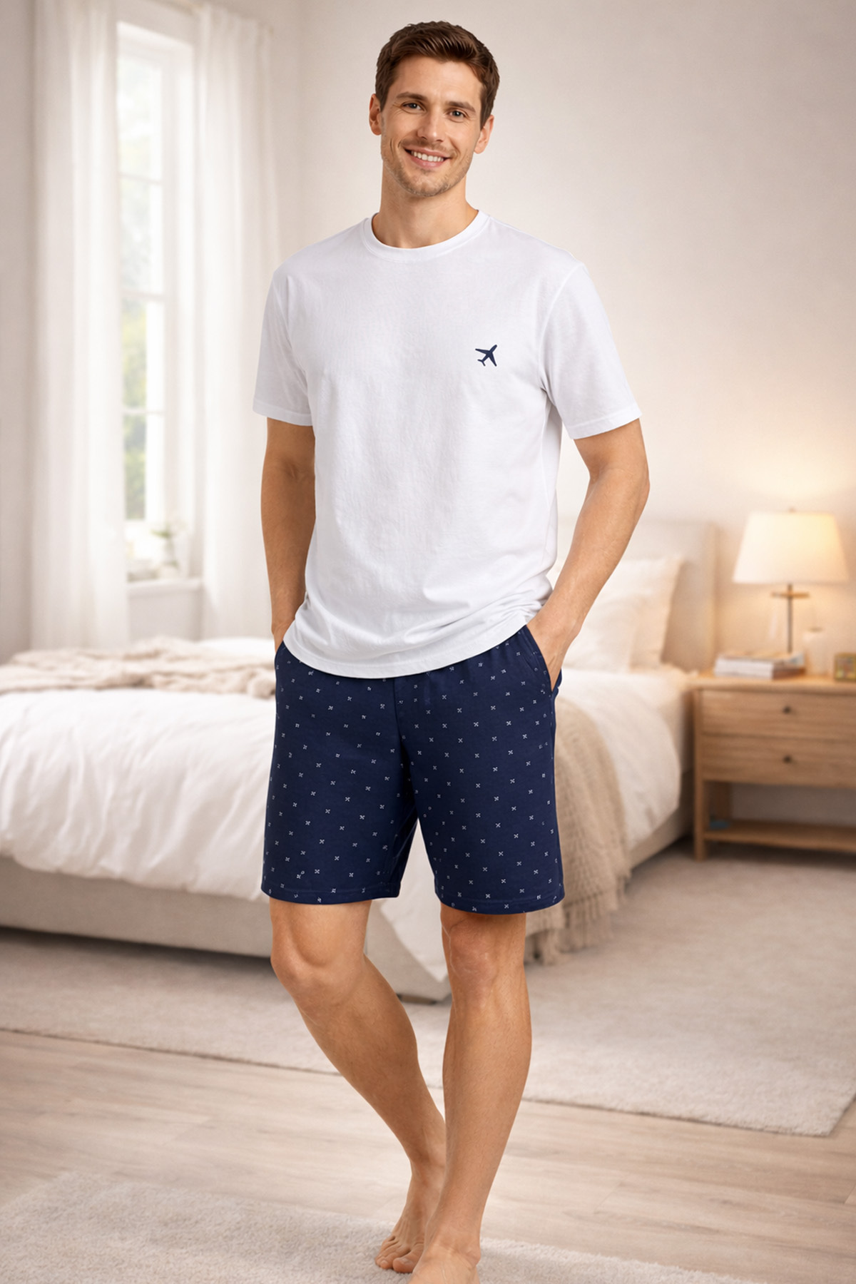 koza iç giyim Men's Cotton Printed Pajama Set with Pockets and Shorts