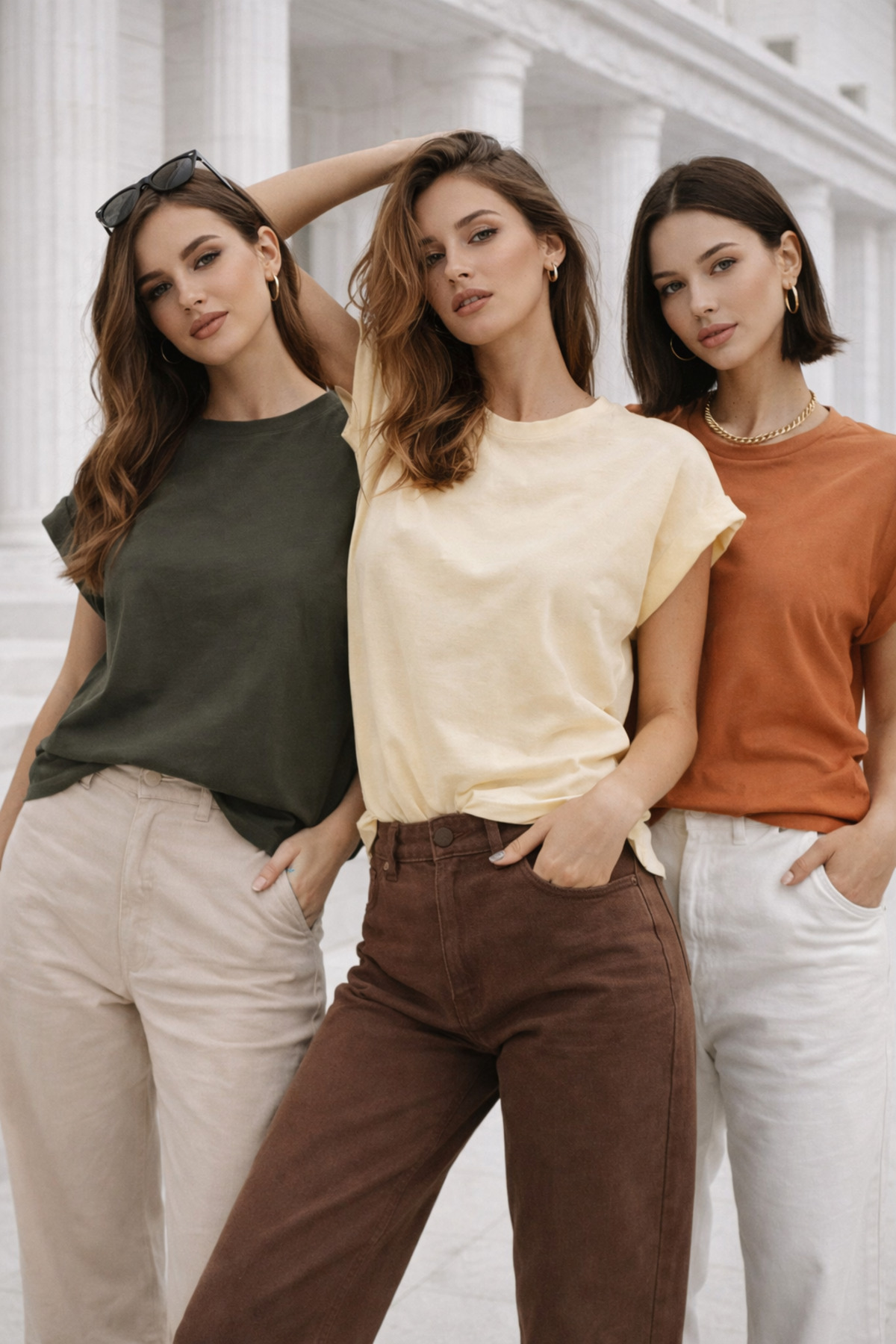 Rich  Kadın 3'lü Paket Krem-Turuncu-Haki Pamuklu Duble Kol Detaylı Rahat Kalıp T-Shirt - Görsel 5