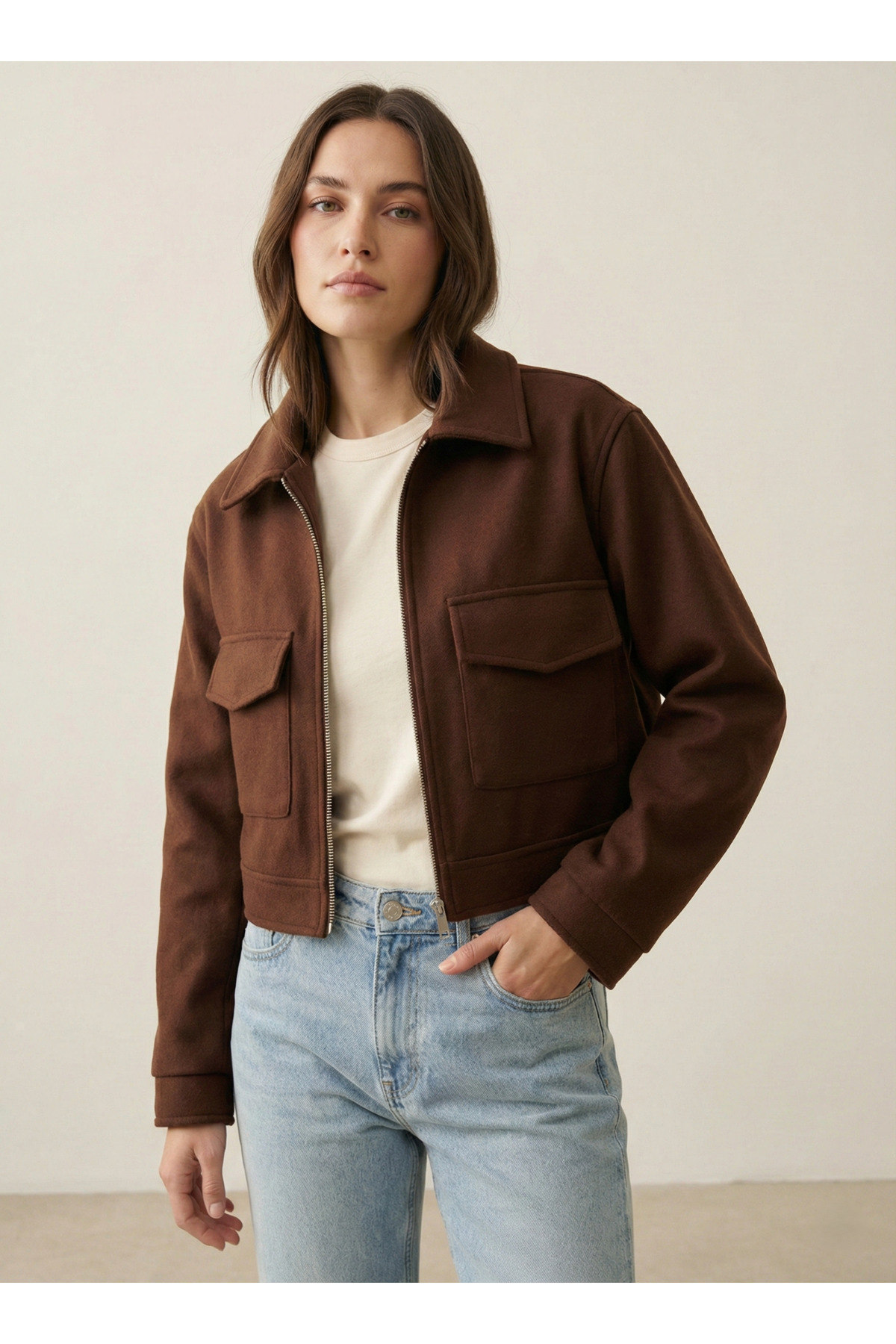 PERADO  Yumuşak Astarlı Crop ceket Kahverengi - Görsel 3