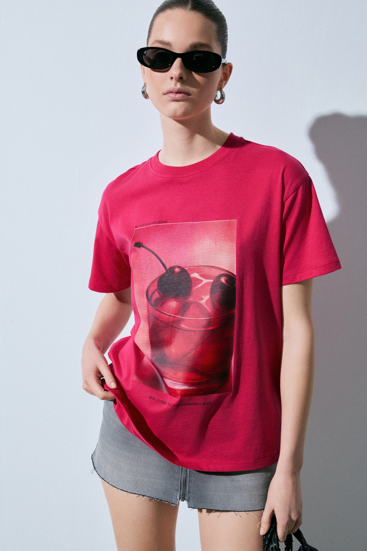 GRIMELANGE  SALENNA Kadın Yumuşak Kumaşlı Baskı Detaylı Regular Fit Fuşya T-Shirt - Görsel 3