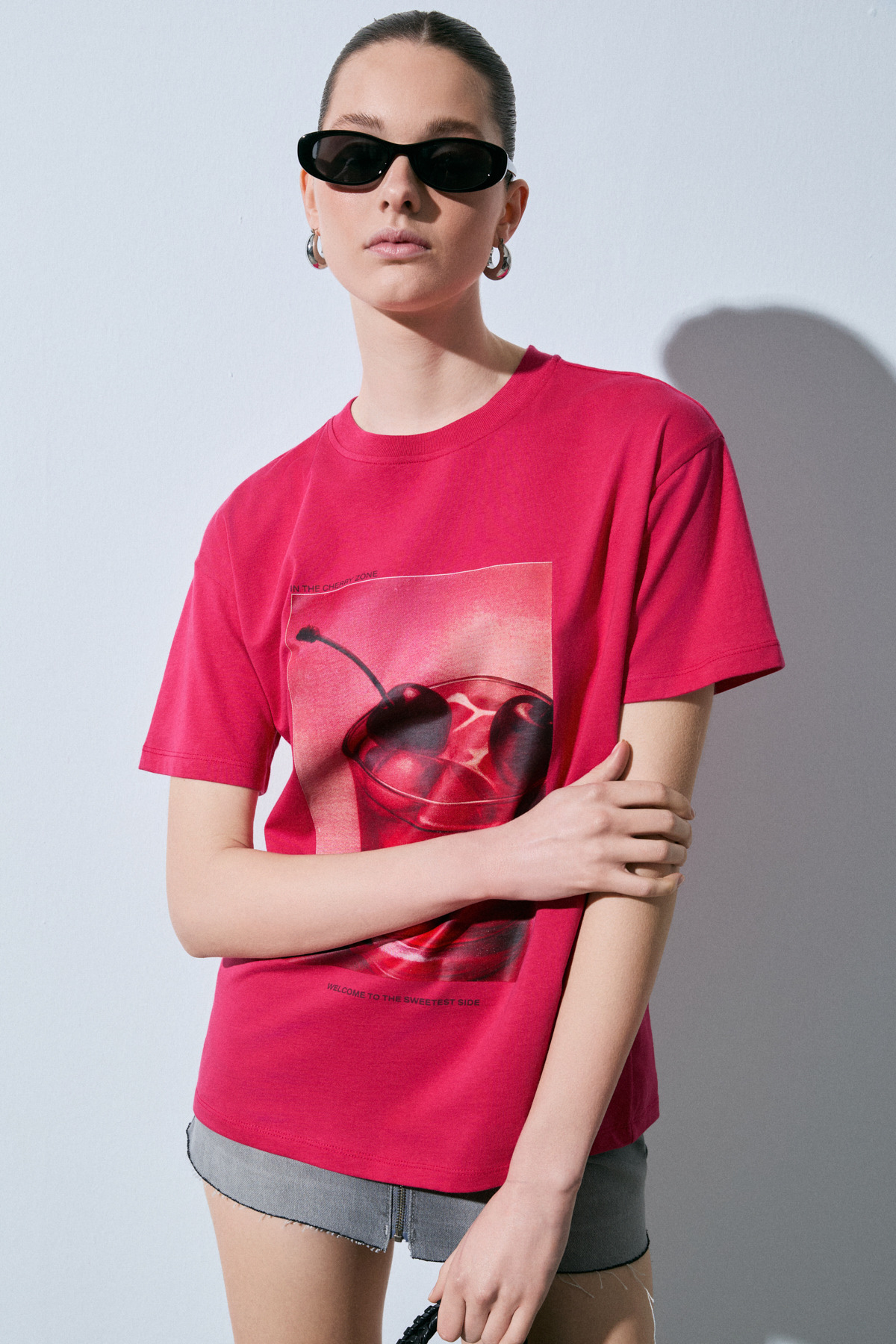 GRIMELANGE  SALENNA Kadın Yumuşak Kumaşlı Baskı Detaylı Regular Fit Fuşya T-Shirt - Görsel 2