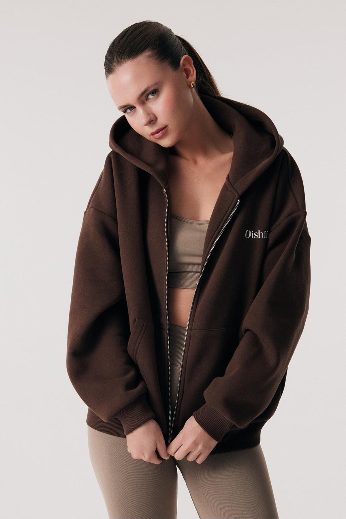 Oishii Rei Loungewear Fermuarlı ve Kapşonlu Sweatshirt Kahve görsel 2