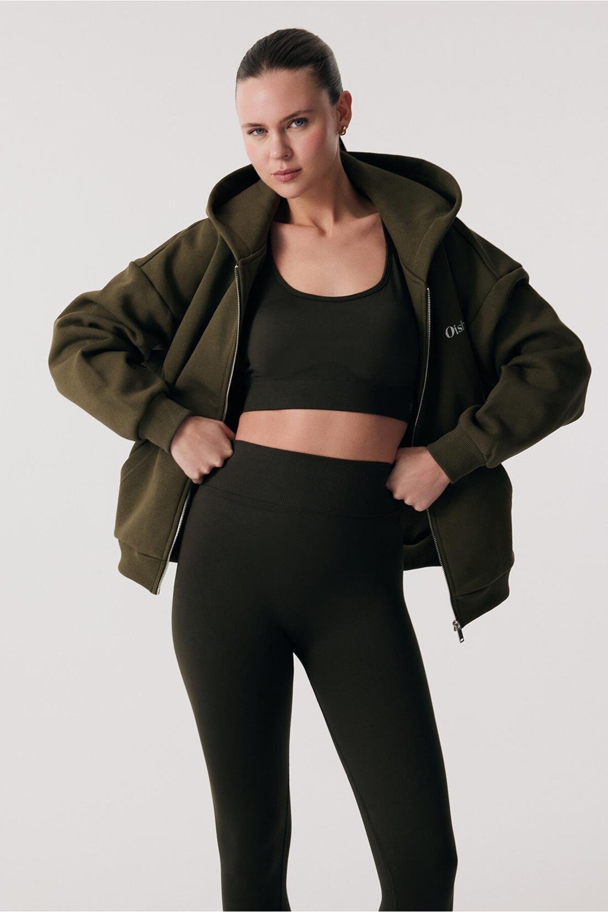 Oishii Rei Loungewear Fermuarlı ve Kapşonlu Sweatshirt Deep Olive