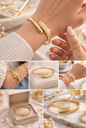 Belasso Minimal Zirkon Taş Detaylı Açık Uçlu Kelepçe Bileklik – Altın Renk Ka...