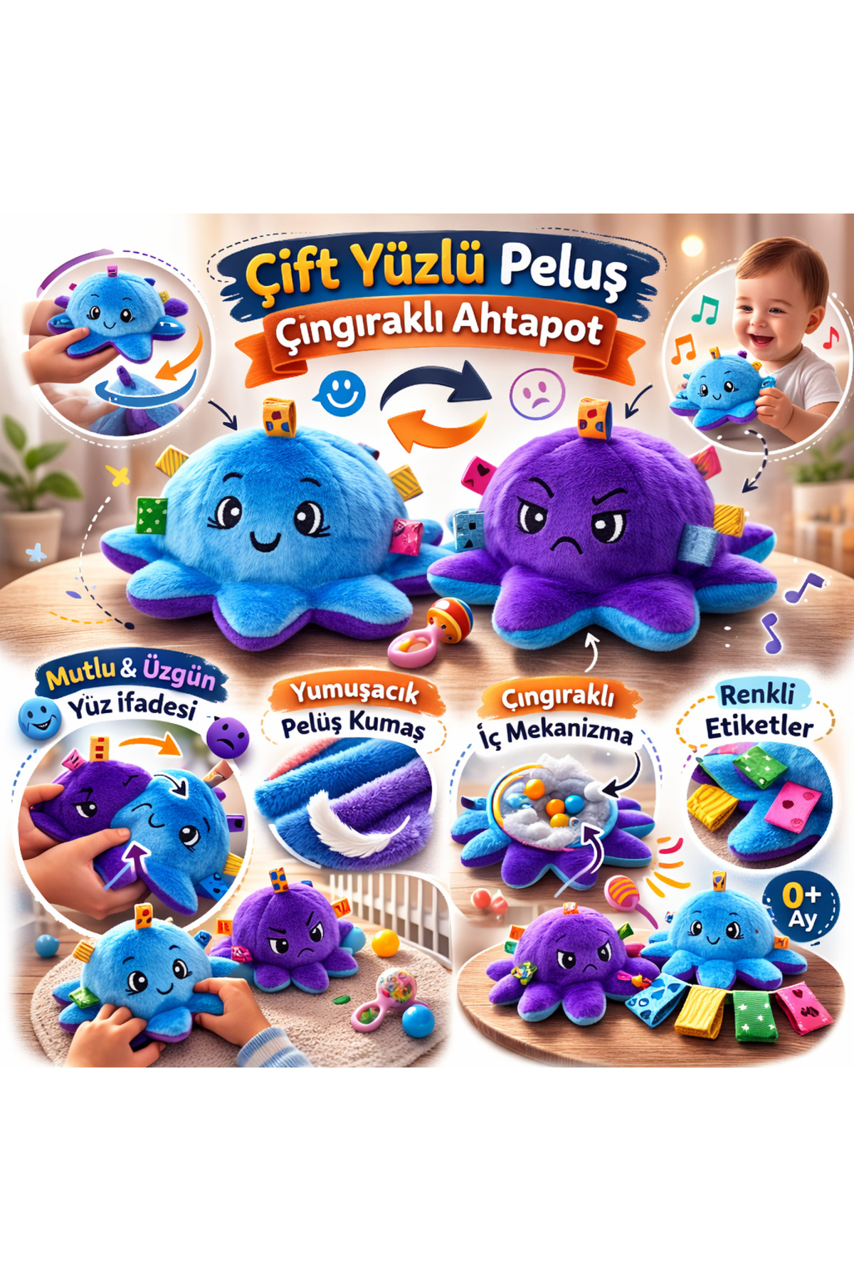 Double-Sided Plush Rattle Octopus
