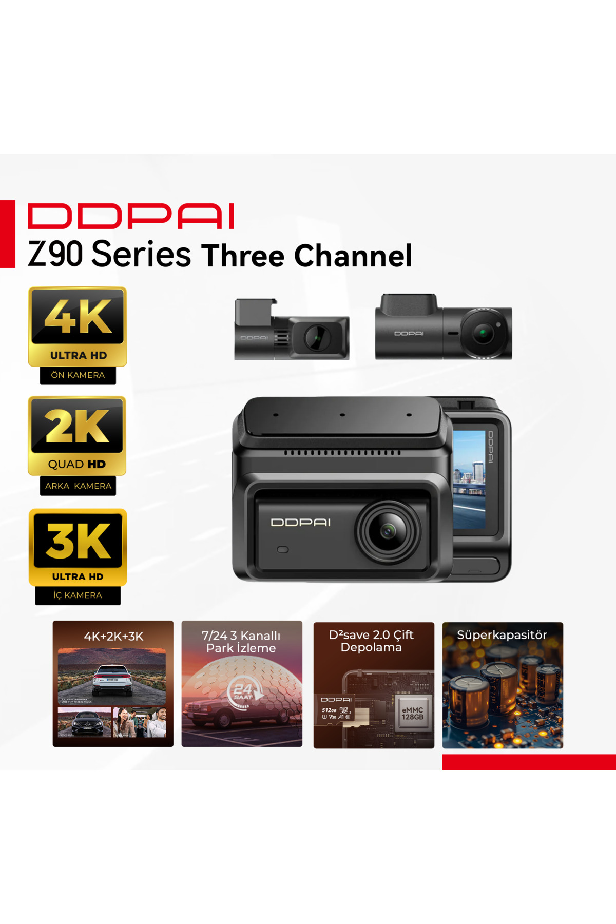 DDPAI Z90 Araç Kamerası Ön Arka İç Kamera 3 Kanallı Full HD Kayıt