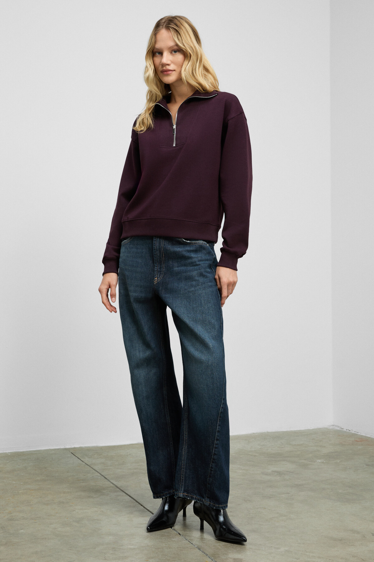 GRIMELANGE  ENDORA Kadın Yumuşak Polarlı Kumaşlı Yakası Fermuarlı Regular Bordo Sweatshirt - Görsel 5