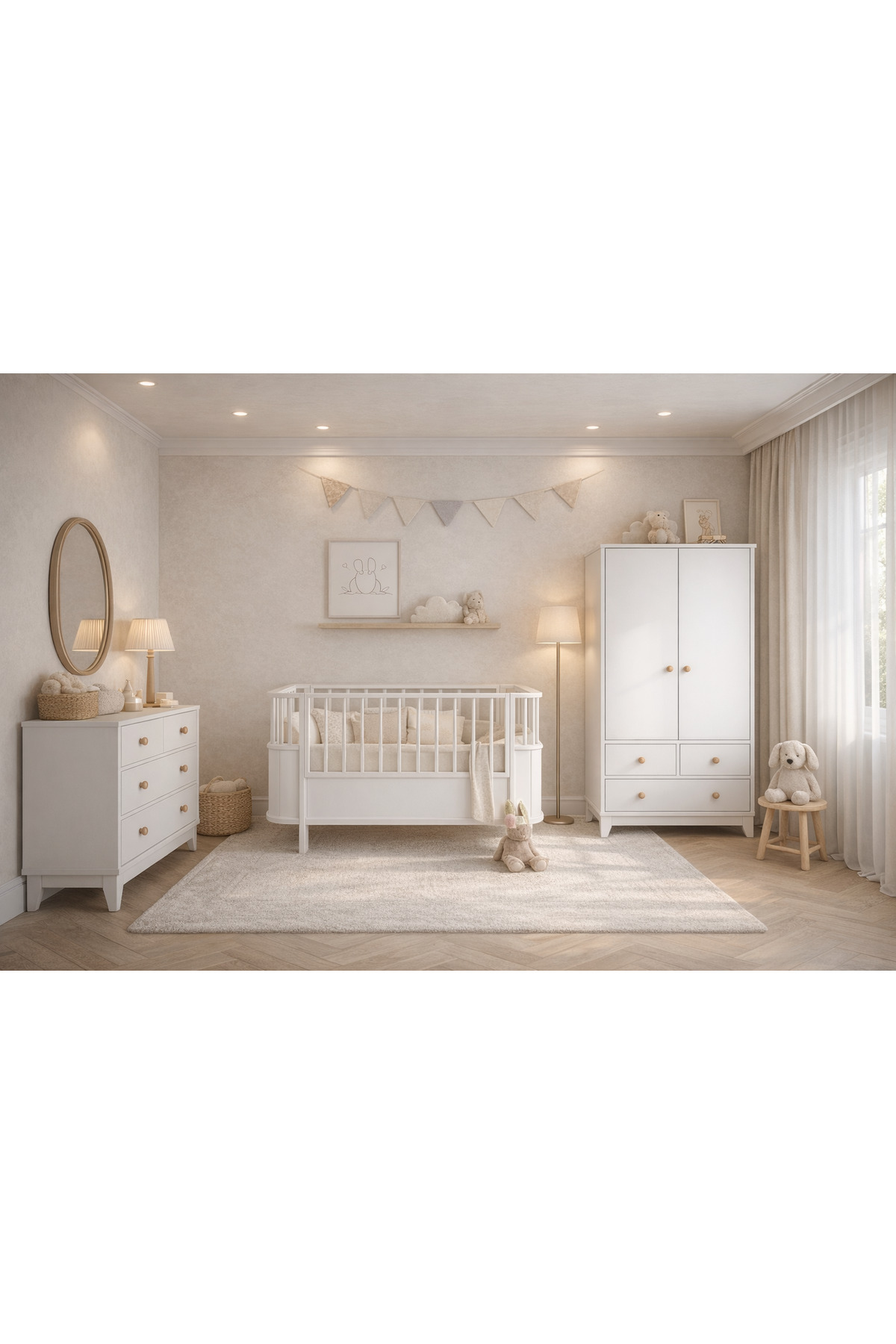 Koza %100 MDF Bonnie Beşik Mini Takım ( 2 Kaılı Dolap & 4 Çekmeceli Şifonyer & 80x180 Büyüyen Beşik )
