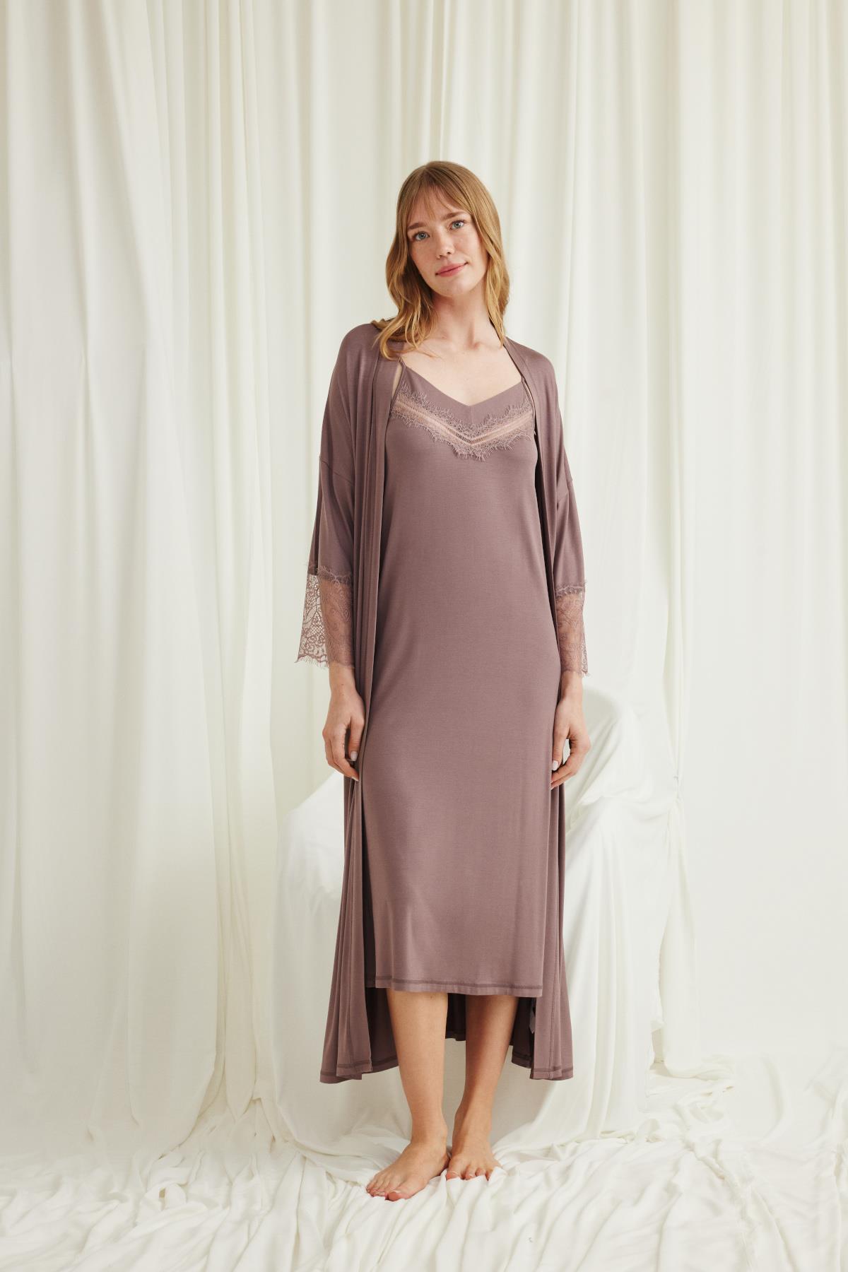 MONAMİSE Kadın Dekolteli Yakası ve Kolu Dantelli Sabahlık Takımı 18550