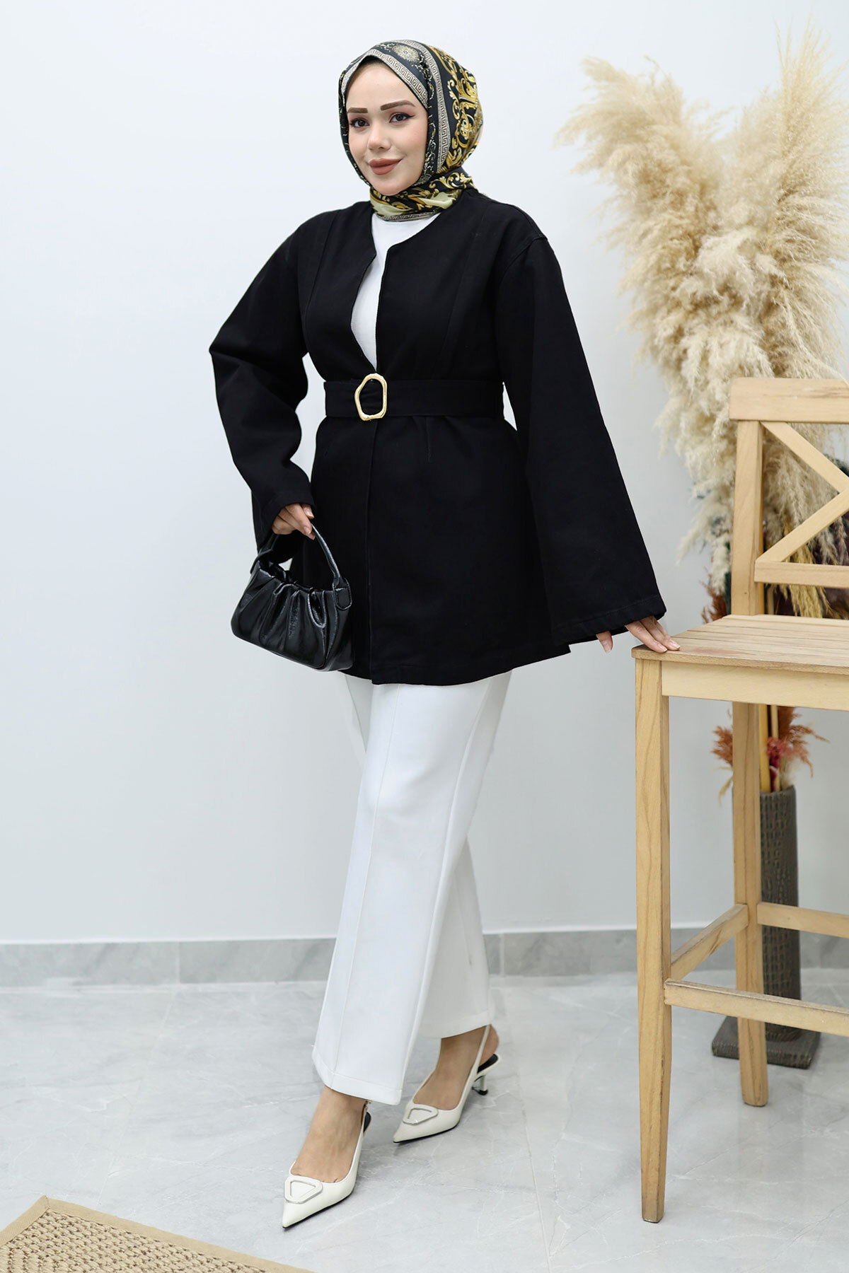 Tesettür Dünyası  Kemerli Kot Ceket TSD250251 Siyah - Görsel 2